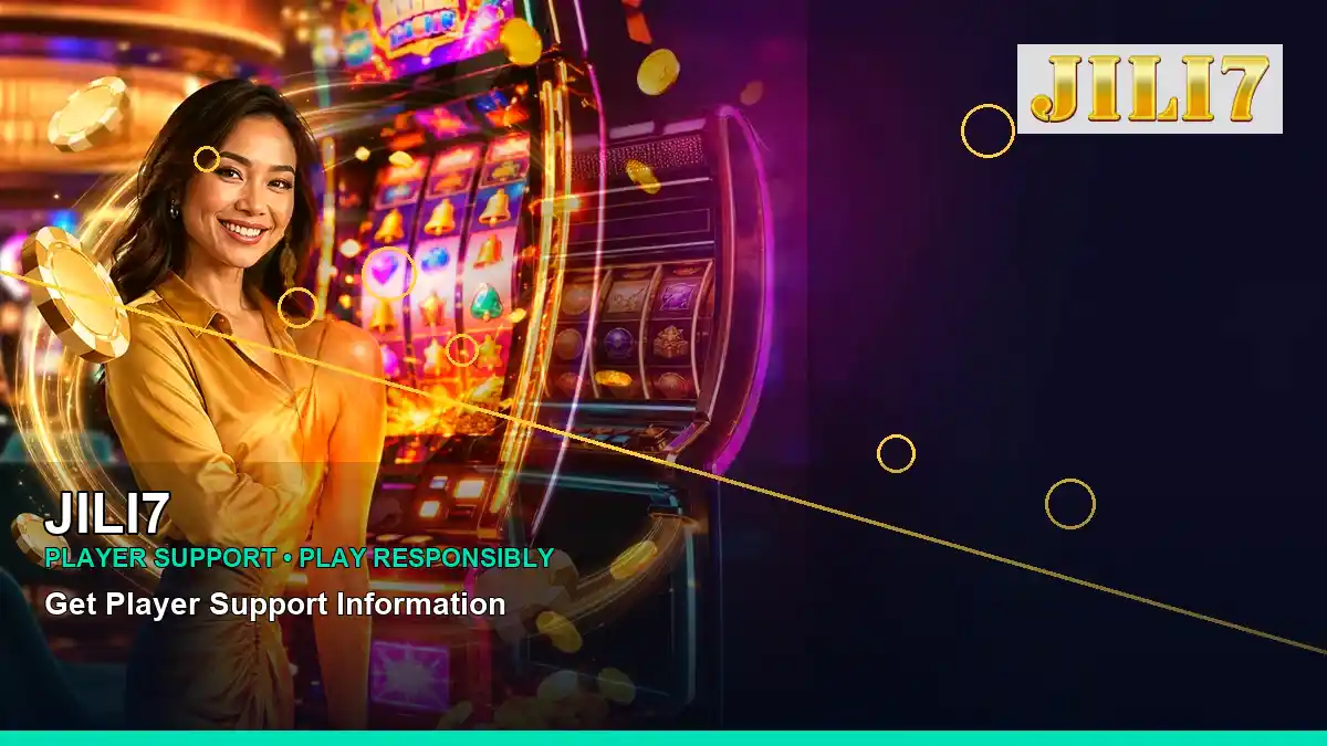 JILI7 lucky reels online slot games featuring an adult Filipina casino host with a left-framed composition