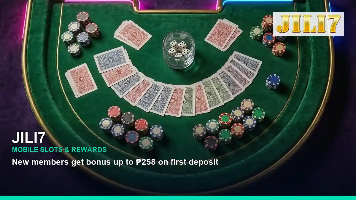 JILI7 live casino table games featuring an adult Filipina casino host with a studio behind scenes composition