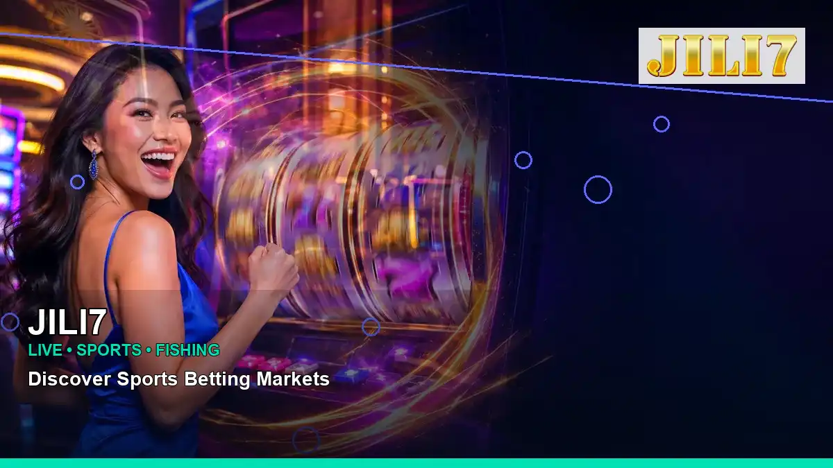 JILI7 night online slot games featuring an adult Filipina casino host with a left-framed composition