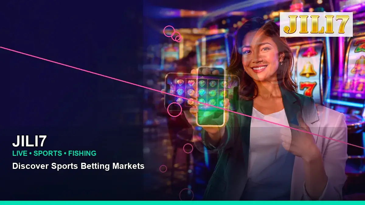 JILI7 party online slot games featuring an adult Filipina casino host with a right-framed composition